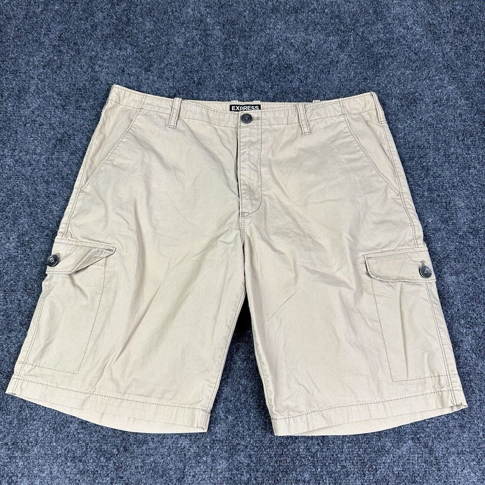 Express Cargo Shorts Mens 34 Beige Khaki Flat Front 10" Inseam Lightweight